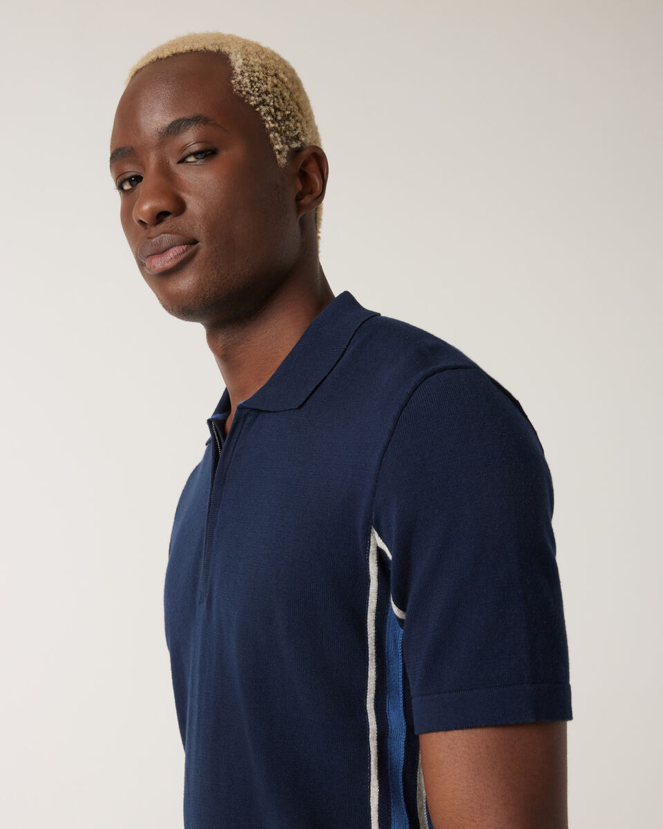 Side Stripe Panel Zip-up Collar Polo, Navy, hi-res